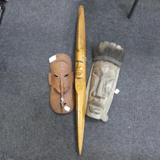 3 CARVED WOOD FACE MASKS L990MM LONGEST
