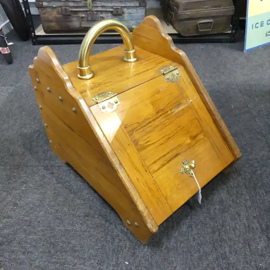 VINTAGE WOODEN COAL SKUTTLE w. SCOOP & BELLOWS