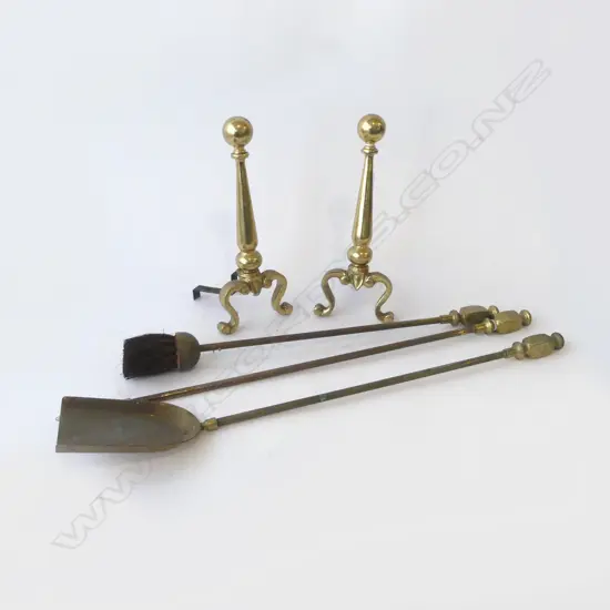 PR VINTAGE BRASS FIREDOGS H330 POKER BRUSH & SHOVEL L750MM