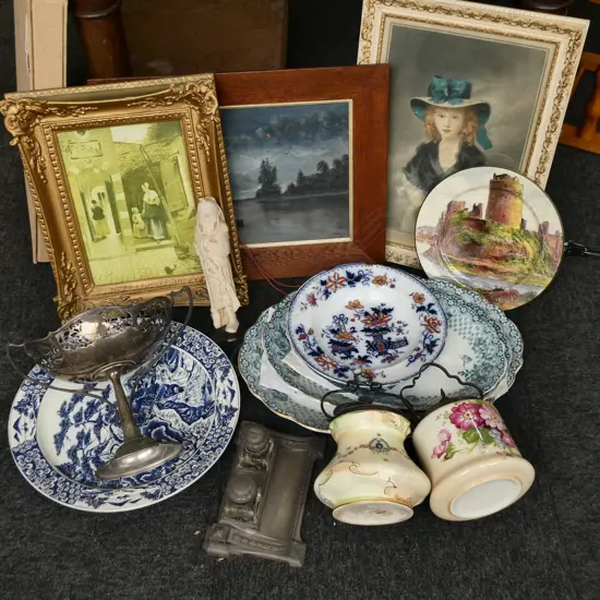 ASST. ANTIQUE CHINA, 2 BISCUIT BARRELS, EP COMPORT & DESK SET, RESIN ORIENTAL FIGURE H.235mm, 3 ARTWORKS