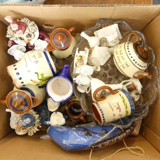 TORQUAY WARE, 2 POTTERY CLOWNS, SOUVENIR WARE ETC