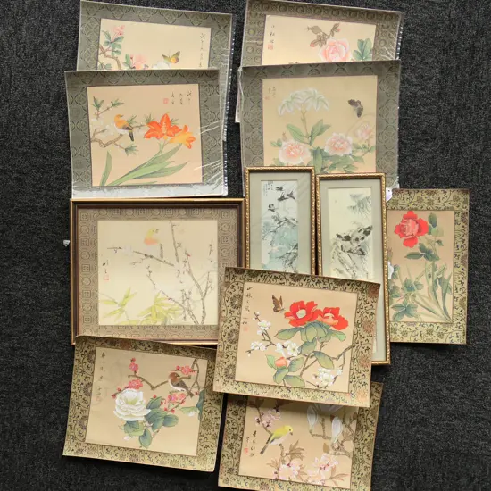 CHINESE WATERCOLOURS ON SILK, 8 UNFRAMED & 3 FRAMED