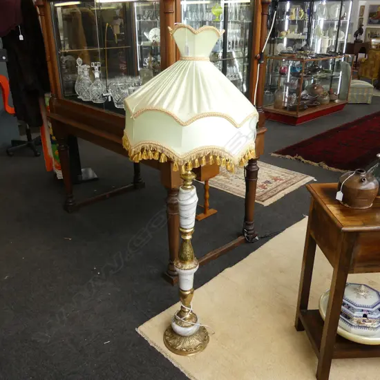 ITALIAN VINTAGE STANDARD LAMP brass with white & grey marble sections. With shade. H.1440mm