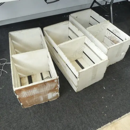 3 WHITE PAINTED WOODEN CRATES W.660mm