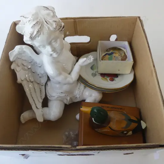 WHITE GLAZED ANGEL, 3 SIDE PLATES, DUCK, 2 SHELLS