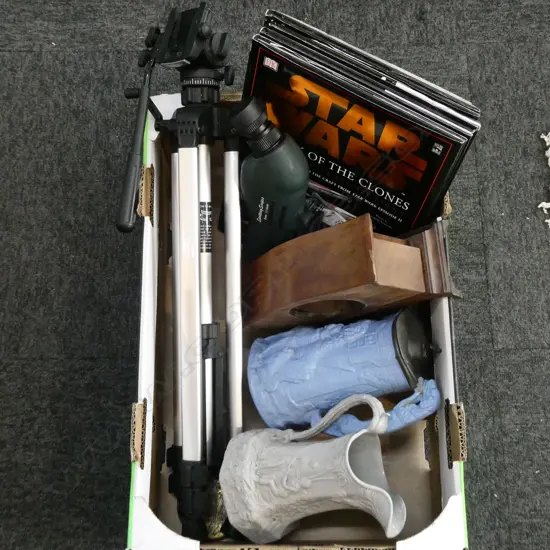 JIEHE SPOTTING SCOPE & TRIPOD, 2 ANTIQUE JUGS, MANTEL CLOCK (CASE ONLY), 4 STAR WARS BOOKS