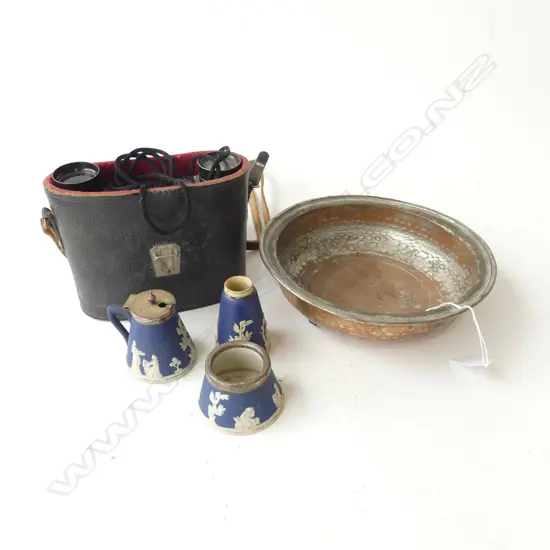 pr early 20thC FRENCH BINOCULARS + WEDGWOOD CONDIMENTS + SILVER ON BEATEN COPPER BOWL