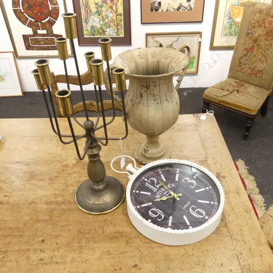3 PCES; CANDLEHOLDER H.580mm, METAL URN, ANTIQUE STYLE WALL CLOCK 300mm dia