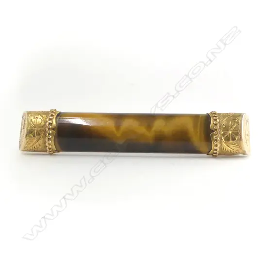 19thC 15ct GOLD & TIGERS EYE BAR BROOCH