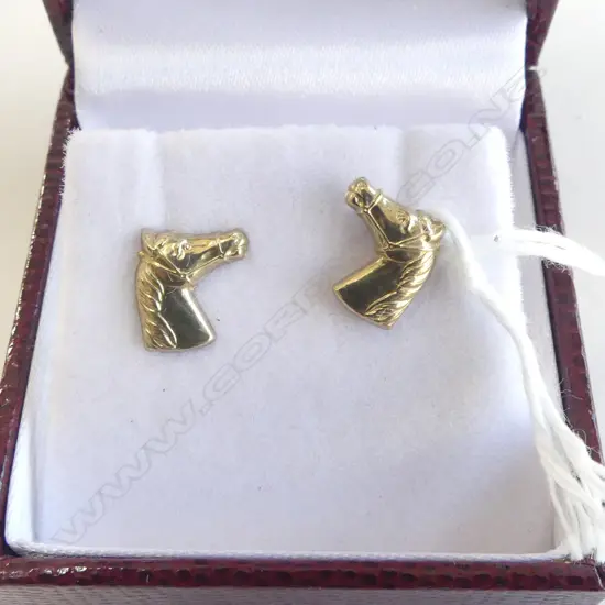 PR 9ct YELLOW GOLD HORSES HEADS EARRINGS for pierced ears. 0.56gms in jewellery box