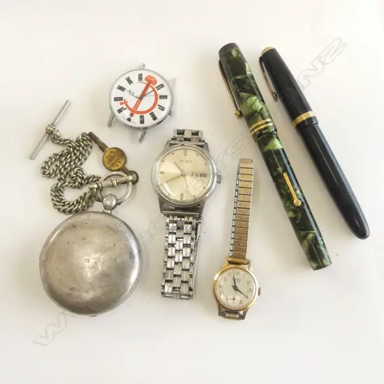 SILVER POCKET WATCH w NZ KEY + CHAIN + 3 WRISTWATCHES + 2 FOUNTAIN PENS 