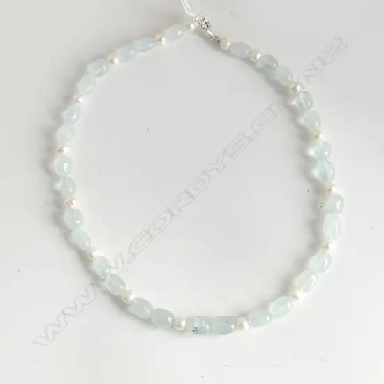 AQUAMARINE & PEARL NECKLACE w SILVER CLASP