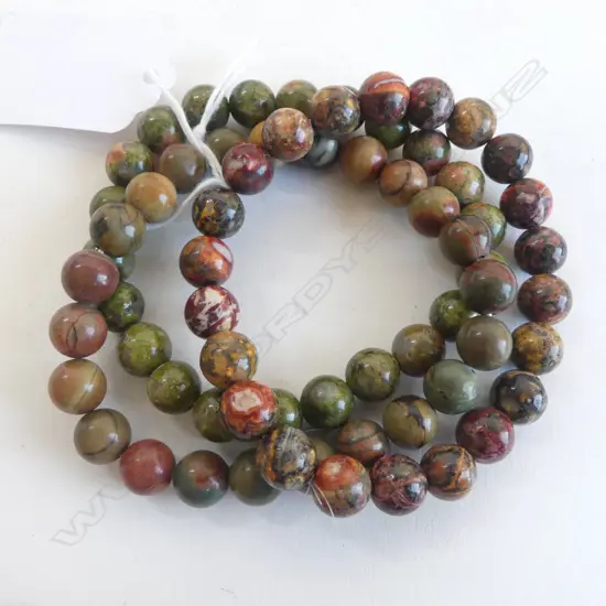 TRIO UNAKITE/RED LEOPARD BEAD BRACELETS, GRN/BRN TONES