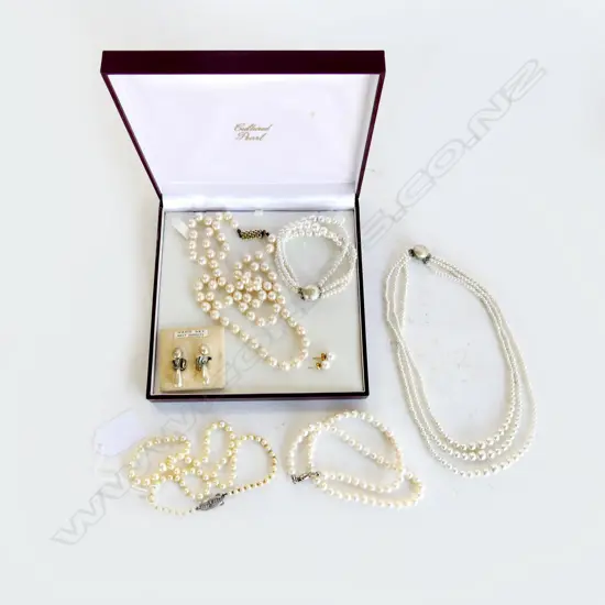 PEARLS; 4 NECKLACES (1 MIKIMOTO), BRACELET, 2 PRS EARRINGS (1 18CT)