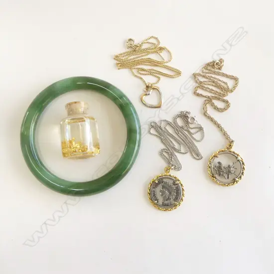 JADE BANGLE + GOLD ? FLAKES + 3 GOLD PLATE? & SILVER COIN CUT PENDANTS