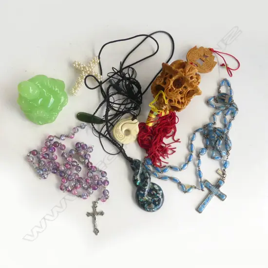 BAG COSTUME JEWELLERY ETC: green glass buddha + chinese finely carved hanging + cross pendants etc