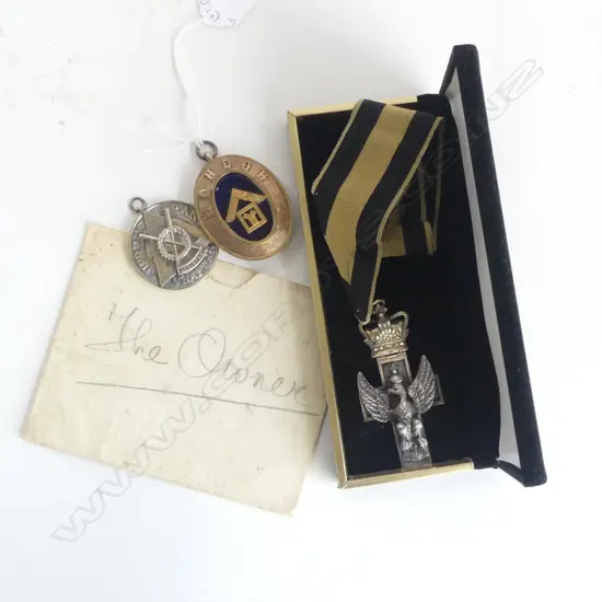 3 MASONIC MEDALS; 2 STG 70gms APPROX + HAND WRITTEN PARKING NOTE FROM LORD CHIEF JUSTICE H. L. PARKER C.1960