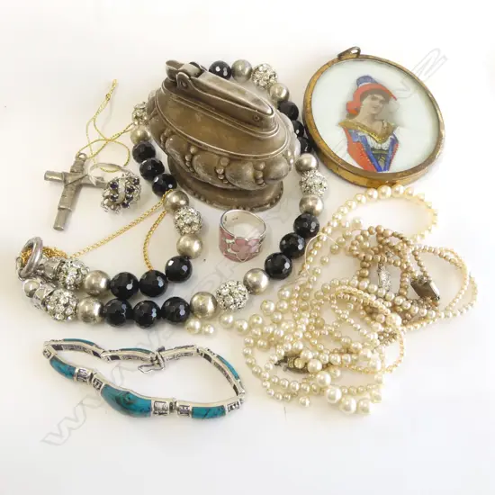 2 SILVER RINGS + RONSON LIGHTER + COSTUME JEWELLERY + PORTRAIT MINIATURE