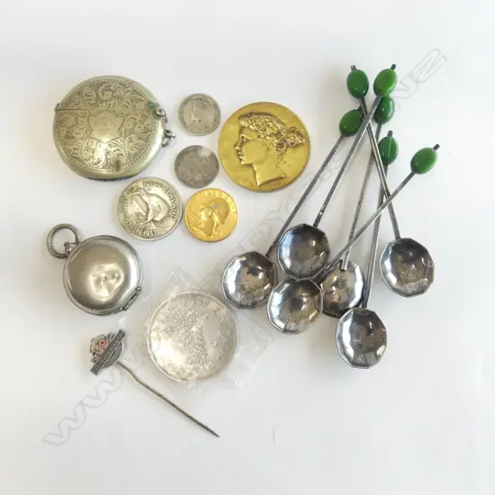 S/PLATE: CIRCULAR VESTA + SOVEREIGN CASE + SET 6 ART DECO COFFEE SPOONS  + 5 COINS & MEDALLION + RSA PIN 