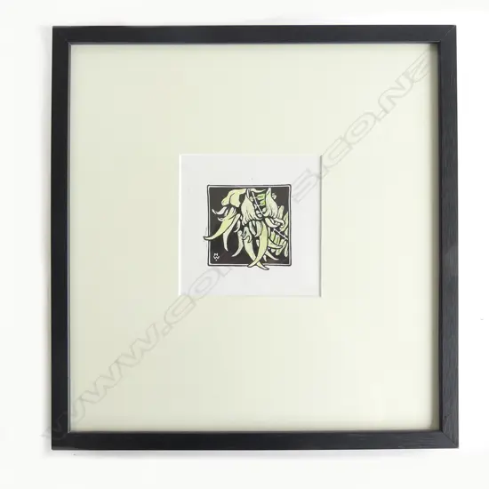 HILDA WISEMAN (1894–1982) ‘KOWHAI’, HAND-COLOURED LINOCUT 1950’S. HW MONOGRAM. 120 x 120mm