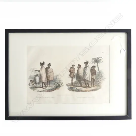 DE SAINSON, 'Costumes des naturels du Cap Palliser' HAND-COLOURED LITHOGRAPH 1835. In perspex frame. 290 x 400mm