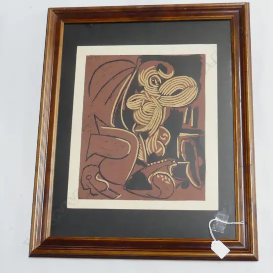 PICASSO LINOCUT - RECLINING WOMAN AND PICADOR WITH GUITAR - UNSIGNED & UNEDITIONED 315x370mm