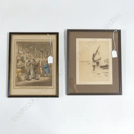 2 ETCHINGS; GILLRAY 'CONNOISSEURS' 295x220mm, WILFRID W. BALL (1853-1917) 'VENICE' 225x175mm SIGNED