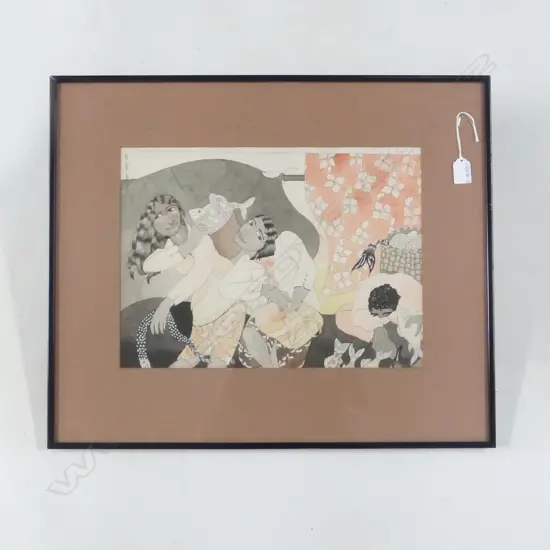 LOU MASON 'FISH FROLIC' INK & W/C ARTWORK signed & entitled 300 x 410mm. slightly slipped in frame