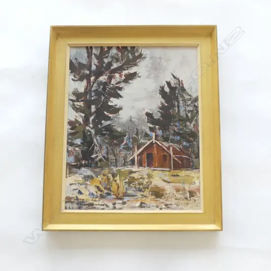 QUEENIE AITKEN OIL ON BOARD 'KING COUNTRY MARAE' 490 x 390mm deatiled verso. Signed