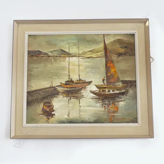 FLORENCE LUXFORD, HARBOUR SCENE, OIL ON BOARD 490x595mm