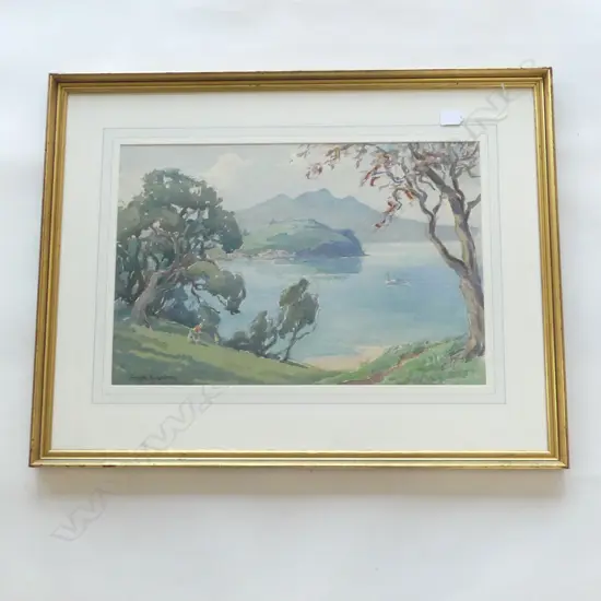 GWYNETH RICHARDSON, AUCKLAND HARBOUR FROM JUDGES BAY PARNELL w. MT VICTORIA & RANGITOTO, WC 375x560mm