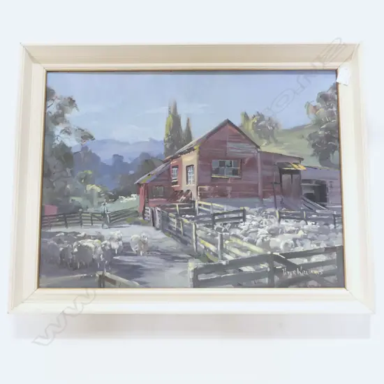 PETER WILLIAMS, RED WOOLSHED & SHEEP, OIL ON BOARD 440x600mm