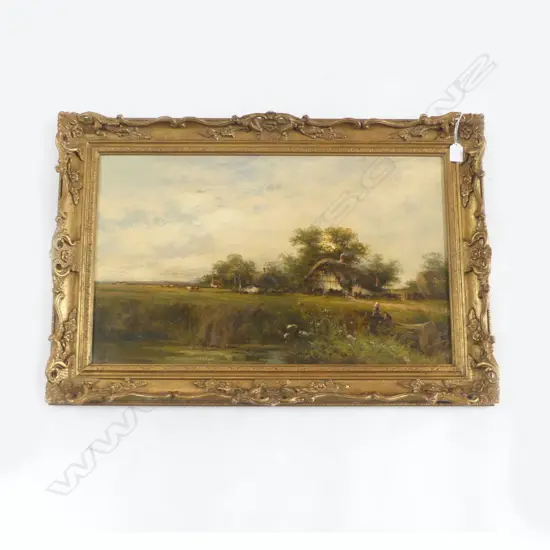 CARL BRENNIR (BRITISH 1850-1920), LANDSCAPE w. THATCHED COTTAGES, OIL ON CANVAS, 1890 385x640mm