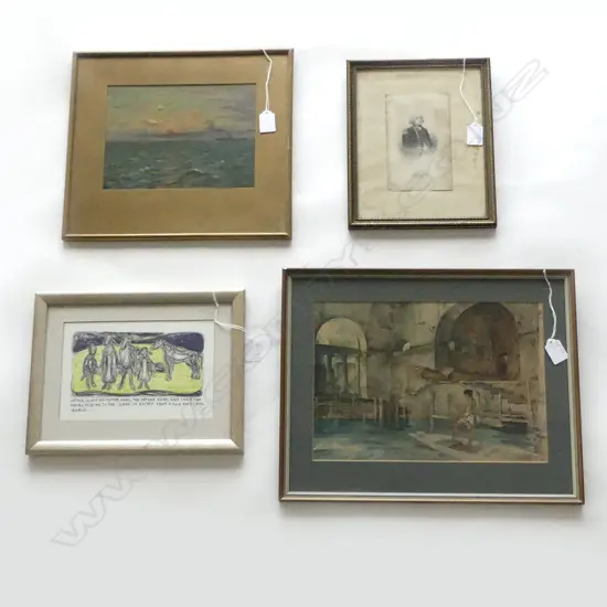 4 ARTWORKS INCL. W.A.B. 1906 SUNSET AT SEA OIL 175x235mm, RUSSEL FLINT  PRINT ETC