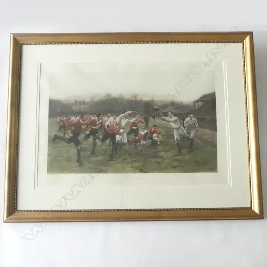 W B WOLLEN 'A RUGBY MATCH' 1895 'The Battle of the Roses' LG HANDCOLOURED ENGRAVING. H.540 x 680mm