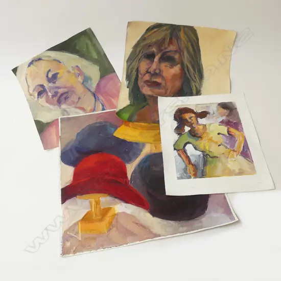 GLENYS CULLIMORE ‘MODERN DANCE’ 2015 ACRYLIC ON CANVAS AND 3 OTHERS UNFRAMED – HATS, AND TWO FEMALE FACES, L.370MM-460MM