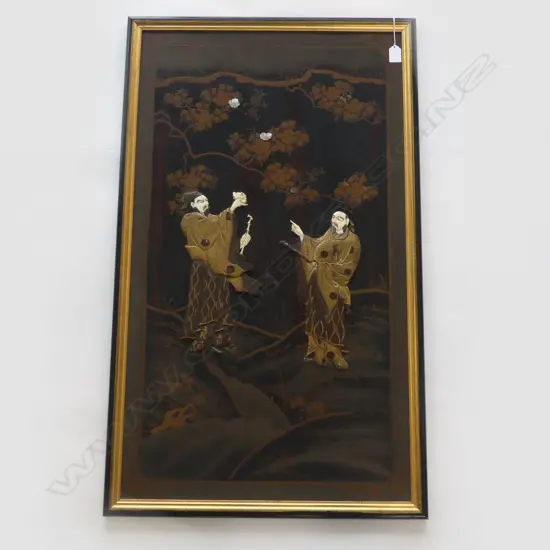 ORIENTAL PANEL 2 FIGURES IN GARDEN, LACQUERED WOOD w BONE & MOP DECORATION. REAR PANEL ALSO DECORATED.H.900 x 530mm