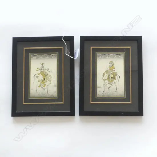 PR VINTAGE INDIAN MINIATURE INK & W/C PAINTINGS hunters on horseback gilt highlights 150 x 90mm. Framed w UV glass