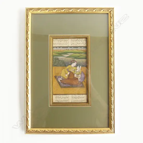 ORNATELY FRAMED MUGHAL PAINTING, COUPLE ON TERRACE OVERLOOKING RIVER, 210 X 110mm