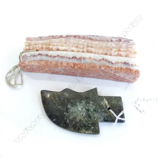 2 PCES CARVED STONE; 'BACON' L.180mm & AXE HEAD L.115mm