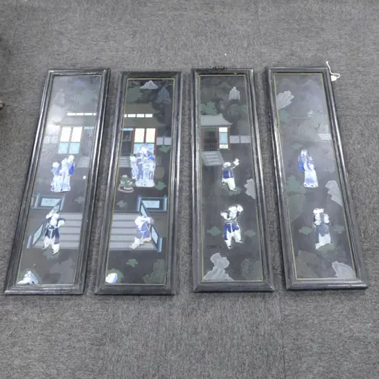 4 ORIENTAL BLACK LACQUER PANELS w. CUT OUT B/W CERAMIC FIGURES 880x240mm each