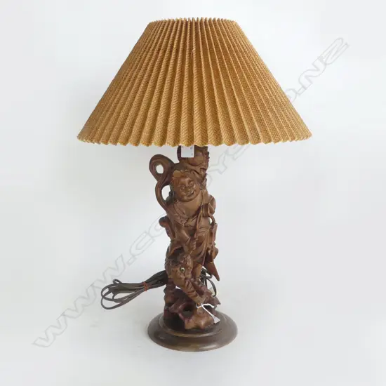 VINTAGE CHINESE CARVED WOODEN TABLE LAMP, DIETY & DRAGON, PLEATED SHADE. H.420mm