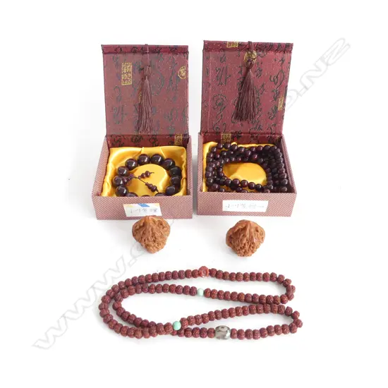2 ORIENTAL WOODEN BEAD NECKLACES + NECKLACE + 2 WALNUT SHELLS