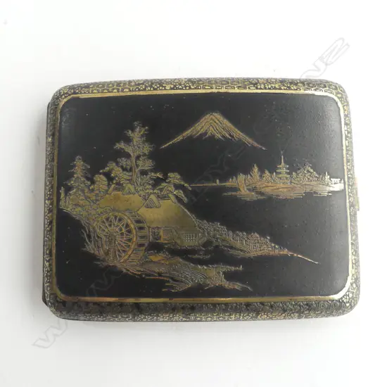 JAPANESE CIGARETTE CASE gilt & black lacquer Mt Fuji landscape