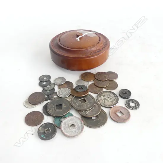 ASST. COINS, MOSTLY ORIENTAL, IN WOODEN CONTAINER 130mm dia