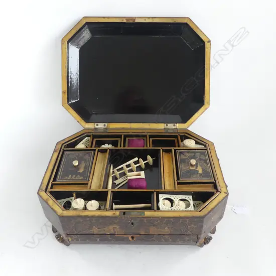 ANTIQUE ORIENTAL LACQUER SEWING BOX 370x260x150mm + ASST. MOSTLEY BONE CONTENTS