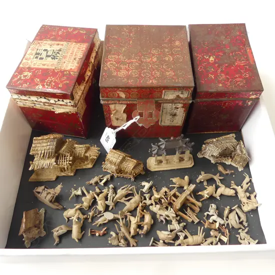 OLD CHINESE MINIATURE VILLAGE POTTERY INCL. HOUSES, PEOPLE, ANIMALS, SHIP ETC IN 3 RED TEA TINS