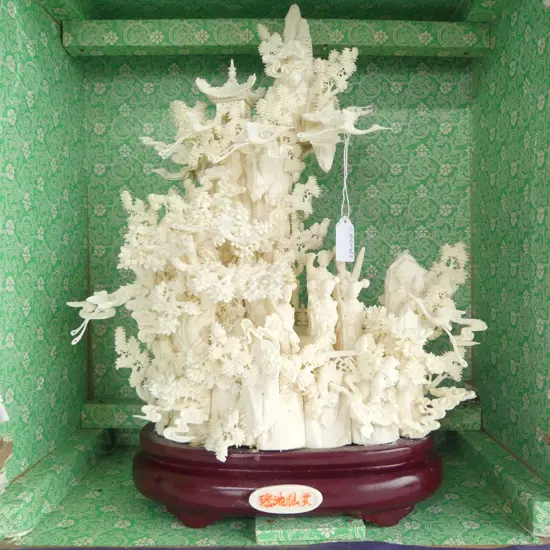 LG CHINESE CARVED BONE SCULPTURE H.420mm, MINOR FAULTS + BOX