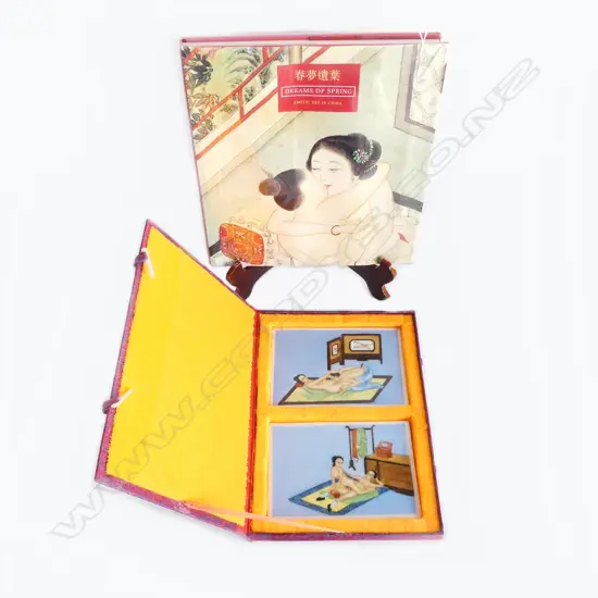 2 CHINESE EROTIC PANELS 125x185mm, CASED + BOOK 'DREAMS OF SPRING'