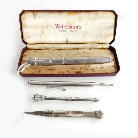 STG SILVER WATERMAN FOUNTAIN PEN w. 14CT NIB, LONDON 1953, CASED + 2 STG PENCILS & DRAWING COMPASS